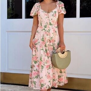 Rachel Parcell Eyelet Floral Midi Dress Size XXS Peach Pink Green